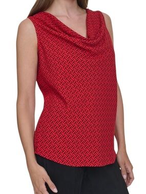 Halston Red Black Geometric Printed Cowl Neck Sleeveless Top Blouse NEW Size XL